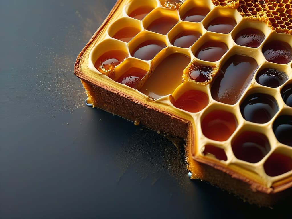  A closeup, ultradetailed image of a ripe, golden honeycomb dripping with thick, amber honey. The hexagonal pattern of the honeycomb glistens under the light, showcasing the intricate beauty of nature's perfect design. Each droplet of honey captures the reflection of the surroundings, emphasizing the richness and purity of this natural sweetener. The image exudes a sense of luxury and indulgence, inviting the viewer to explore the world of natural sweeteners with fascination and awe. hyperrealistic, full body, detailed clothing, highly detailed, cinematic lighting, stunningly beautiful, intricate, sharp focus, f/1. 8, 85mm, (centered image composition), (professionally color graded), ((bright soft diffused light)), volumetric fog, trending on instagram, trending on tumblr, HDR 4K, 8K