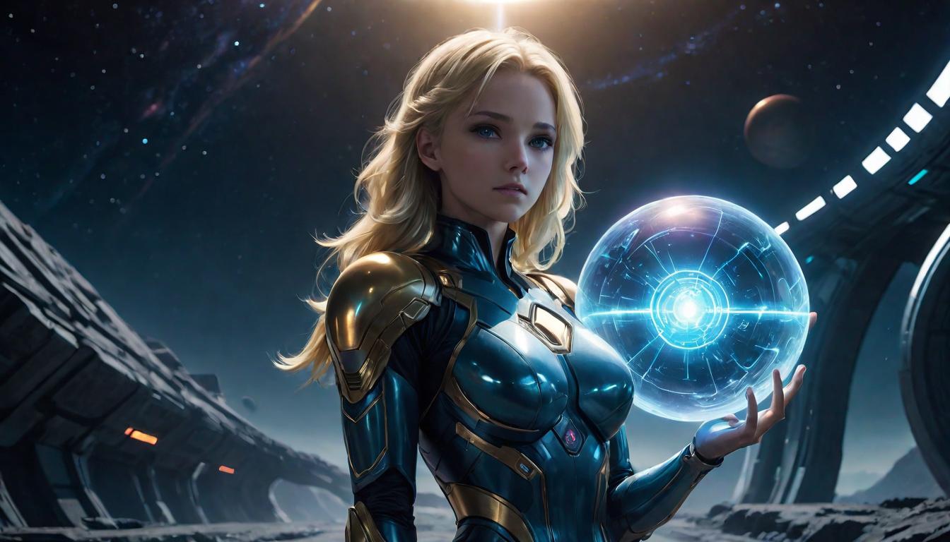  1girl, large busted attractive blonde arian female humanoid, standing at the edge of a cosmic pathway, holding a luminous sphere, theme of higher reality manifestation, high tech clothing clad in sleek, futuristic costume with metallic accents and form fitting designs, marvel superhero comics style, unreal engine rendering