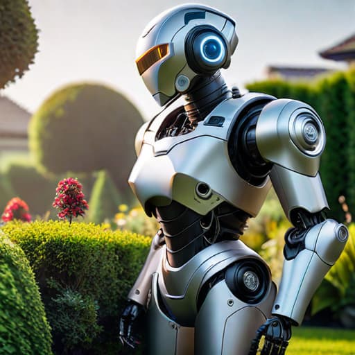  Robot playing in the garden hyperrealistic, full body, detailed clothing, highly detailed, cinematic lighting, stunningly beautiful, intricate, sharp focus, f/1. 8, 85mm, (centered image composition), (professionally color graded), ((bright soft diffused light)), volumetric fog, trending on instagram, trending on tumblr, HDR 4K, 8K