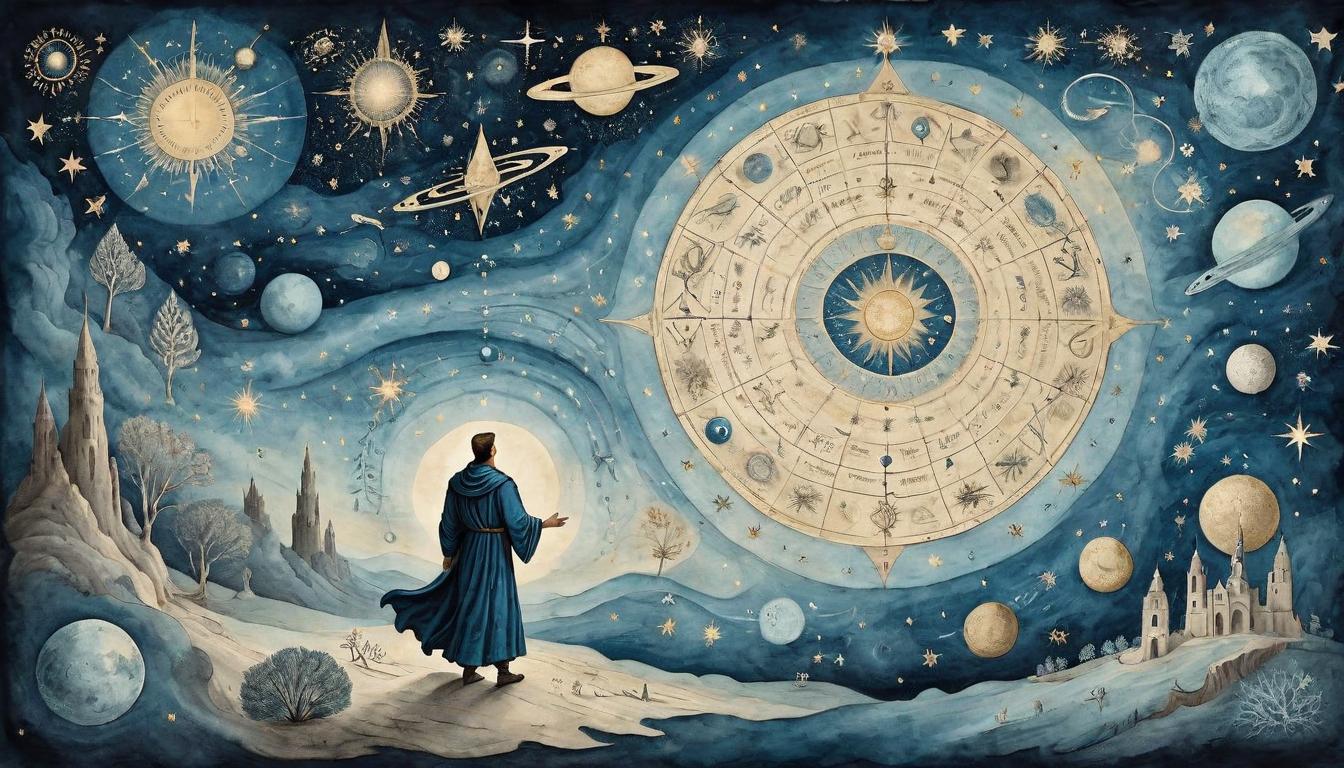  on parchment, surrealism+++, A figure, shrouded in celestial light, is shown reaching towards a cosmic tapestry woven with symbols and constellations. This imagery represents the deepening search for truth about existence and the universe, celestial inquiry, mystical exploration.(mysterious, provocative, symbolic,muted color)+++