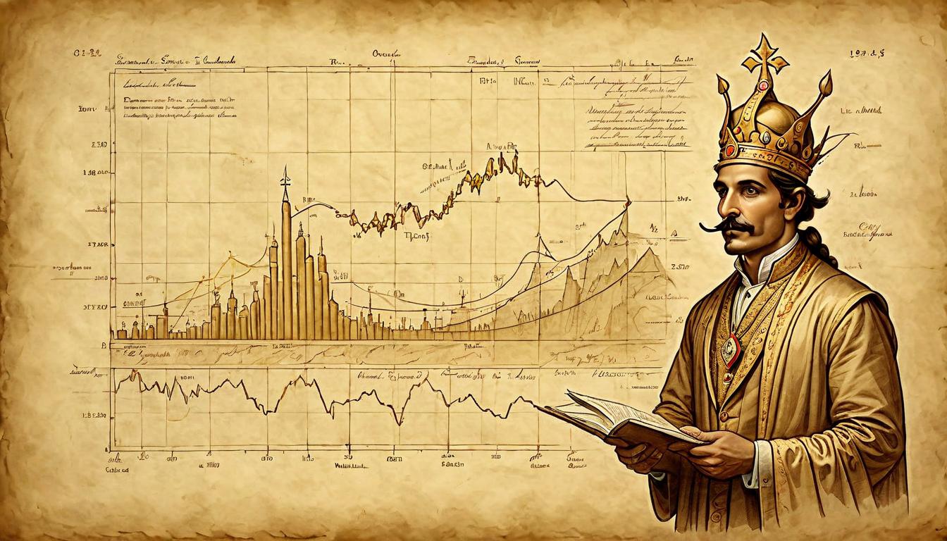  on parchment, surrealism+++, Financial charts morphing into gold, market trends, shimmering golden lines, radiant light, transformative, opulent(mysterious, provocative, symbolic,muted color)+++