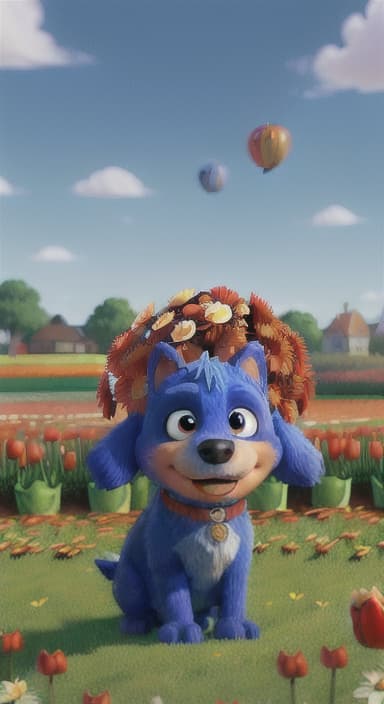  {The red ball nestled in a bed of colorful flowers like daisies and tulips, The big blue dog is large with sky blue fur, big round eyes, a black nose, and floppy ears.