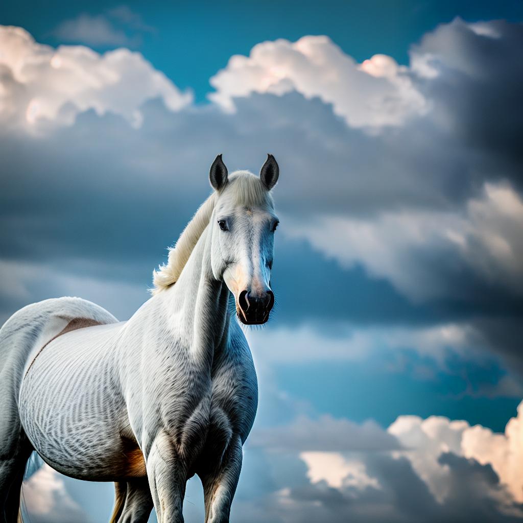  A masterpiece of a white horse in the sky with white clouds, showcasing the best quality in an 8k resolution. The artwork is high detailed and ultra-detailed. The main subject of the scene is a white horse in the sky. The scene includes a white horse, (white clouds), (sky), (majestic presence), and (ethereal atmosphere). hyperrealistic, full body, detailed clothing, highly detailed, cinematic lighting, stunningly beautiful, intricate, sharp focus, f/1. 8, 85mm, (centered image composition), (professionally color graded), ((bright soft diffused light)), volumetric fog, trending on instagram, trending on tumblr, HDR 4K, 8K