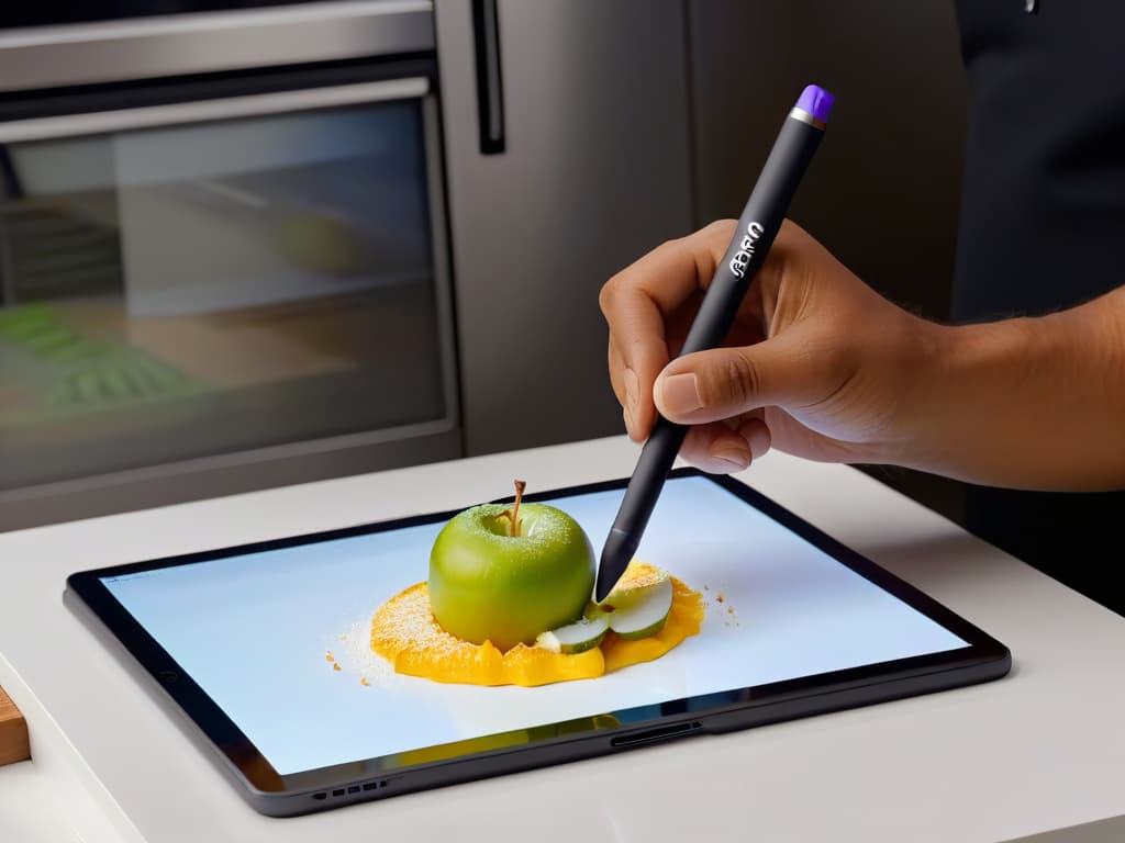  An ultradetailed, minimalist image of a chef's hand using an Apple Pencil on an iPad screen, creating a vibrant and intricate digital dessert design in Procreate, with a sleek and modern kitchen background. The focus is on the precision and artistry of the digital drawing process, showcasing the blending of technology and culinary creativity. hyperrealistic, full body, detailed clothing, highly detailed, cinematic lighting, stunningly beautiful, intricate, sharp focus, f/1. 8, 85mm, (centered image composition), (professionally color graded), ((bright soft diffused light)), volumetric fog, trending on instagram, trending on tumblr, HDR 4K, 8K