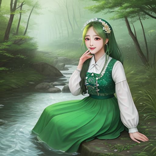  A girl, very beautiful, green, hazy, in the brook, the feeling of first love,