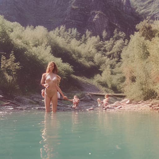 analog style women in river with kids