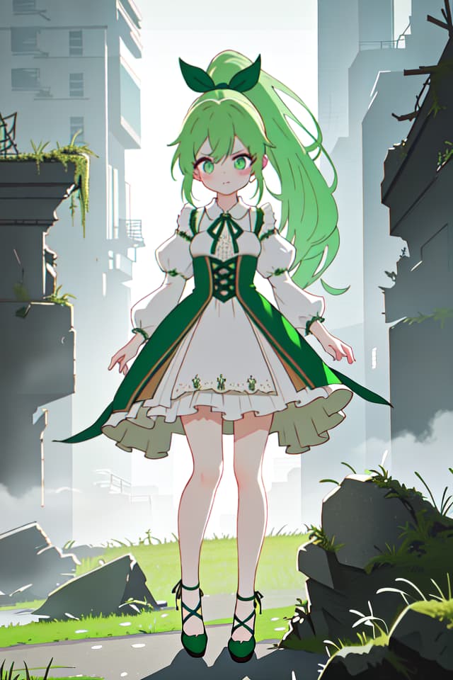  green hair,ponytail,Long Hair,Girls,Dresses,Ribbons,Ruins,Footwear,Anger,red face, hyperrealistic, full body, detailed clothing, highly detailed, cinematic lighting, stunningly beautiful, intricate, sharp focus, f/1. 8, 85mm, (centered image composition), (professionally color graded), ((bright soft diffused light)), volumetric fog, trending on instagram, trending on tumblr, HDR 4K, 8K