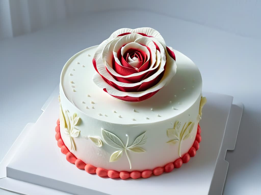  An ultradetailed closeup image of a delicate, intricate sugar sculpture of a blooming rose, created with innovative techniques and unconventional ingredients, showcasing the artistry and creativity involved in modern pastry making. The sculpture is displayed on a sleek, minimalist white plate, emphasizing the unique textures and design, with soft lighting enhancing the fine details and casting gentle shadows for a visually striking and evocative composition that embodies the essence of innovation in pastry arts. hyperrealistic, full body, detailed clothing, highly detailed, cinematic lighting, stunningly beautiful, intricate, sharp focus, f/1. 8, 85mm, (centered image composition), (professionally color graded), ((bright soft diffused light)), volumetric fog, trending on instagram, trending on tumblr, HDR 4K, 8K