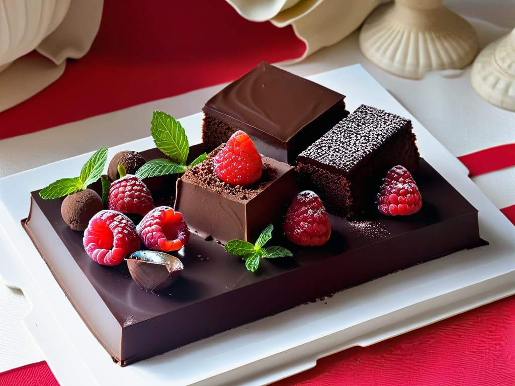  A minimalist image featuring a beautifully arranged assortment of sugarfree chocolate desserts on a sleek, modern serving platter. The desserts include decadent chocolate mousse, rich flourless chocolate cake slices, and delicate chocolate truffles, all elegantly garnished with fresh raspberries and mint leaves. The presentation is artfully done, highlighting the indulgent nature of the treats while emphasizing their diabeticfriendly qualities. The overall aesthetic is clean, sophisticated, and visually appealing, making it a perfect complement to the informative yet enticing tone of the article. hyperrealistic, full body, detailed clothing, highly detailed, cinematic lighting, stunningly beautiful, intricate, sharp focus, f/1. 8, 85mm, (centered image composition), (professionally color graded), ((bright soft diffused light)), volumetric fog, trending on instagram, trending on tumblr, HDR 4K, 8K