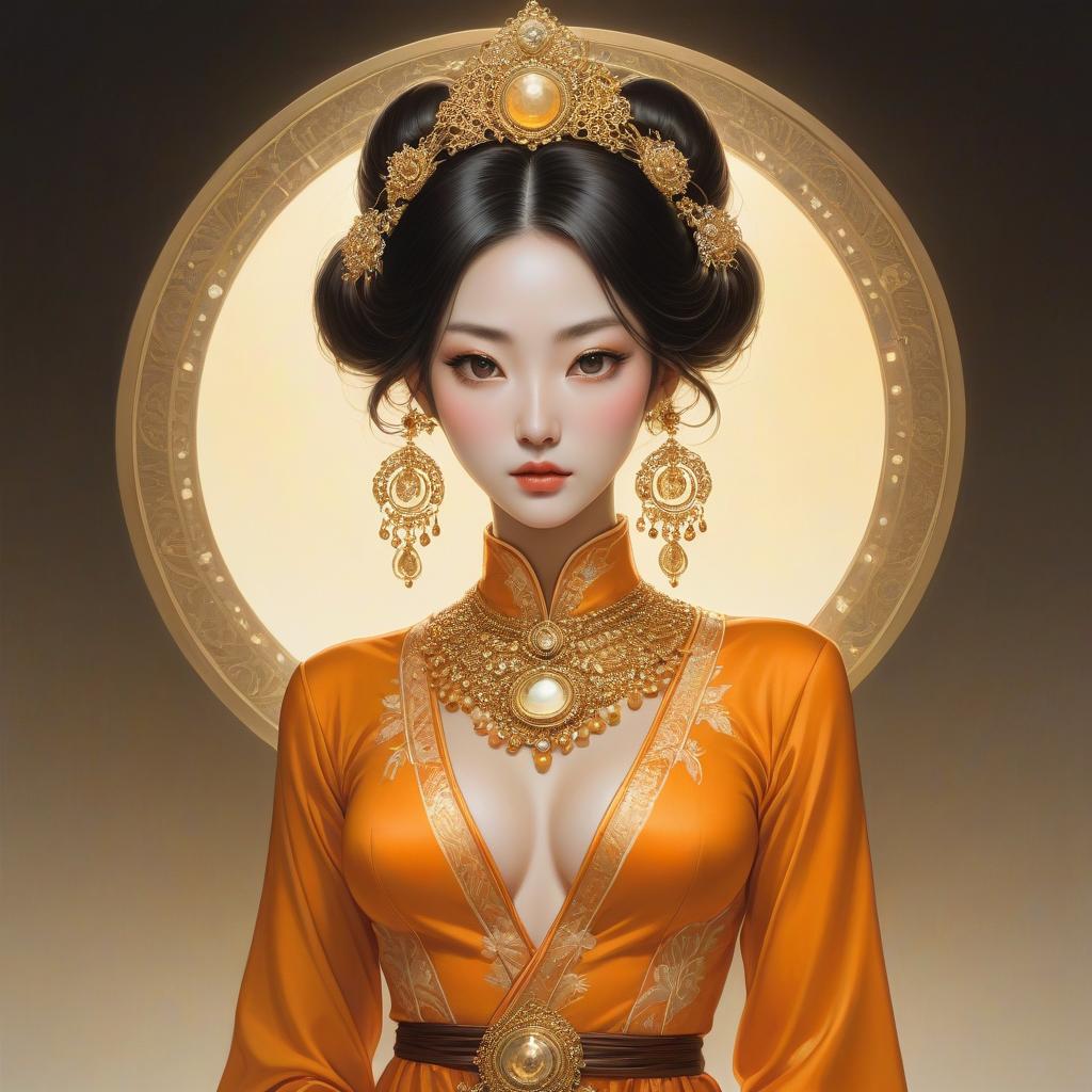  surrealist art A cartoon in an orange costume with gold jewelry, in the style of miho hirano, light yellow and dark brown, close up, traditional costumes, like simplicity, comic art, tondo . dreamlike, mysterious, , symbolic, intricate, detailed hyperrealistic, full body, detailed clothing, highly detailed, cinematic lighting, stunningly beautiful, intricate, sharp focus, f/1. 8, 85mm, (centered image composition), (professionally color graded), ((bright soft diffused light)), volumetric fog, trending on instagram, trending on tumblr, HDR 4K, 8K