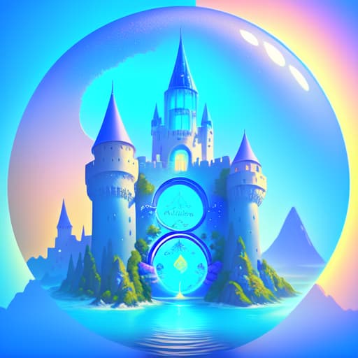 in OliDisco style Colorful castle with a blue background and the word castle on it. There is a huge sparkling ancient portal in the sea, like a soap bubble.