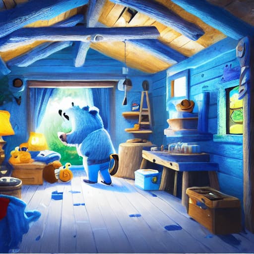  (best quality:1.5),(realistic:1.0), 1boy, white shirt, blue jeans, a bear standing , vivid color, bright light, in the cabin,