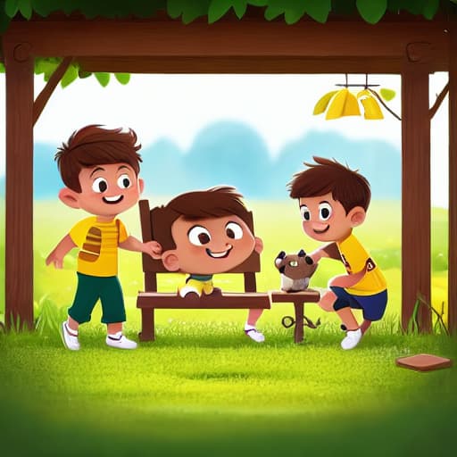  1boy, short brown hair, yellow shirt, green pants, bench, a brown bear