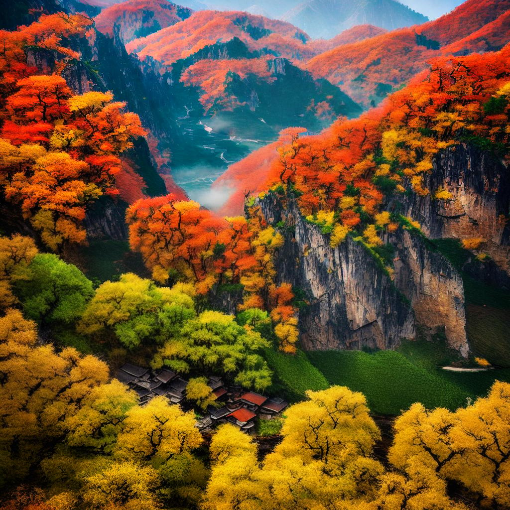 Experience the beauty of a high detailed 8k Chinese landscape painting that captures the essence of autumn. The scene showcases a picturesque mountain range adorned with colorful trees and winding rivers. The artwork is created in a traditional style, reminiscent of famous Chinese landscape paintings. The attention to detail is astonishing, with every brushstroke carefully depicting the intricate textures of the landscape. The colors used range from vibrant reds and oranges to soothing greens and blues, creating a harmonious composition. The lighting is soft and natural, highlighting the depth and dimension of the scene. This masterpiece is a true testament to the artist's skill and passion for capturing the beauty of nature. hyperrealistic, full body, detailed clothing, highly detailed, cinematic lighting, stunningly beautiful, intricate, sharp focus, f/1. 8, 85mm, (centered image composition), (professionally color graded), ((bright soft diffused light)), volumetric fog, trending on instagram, trending on tumblr, HDR 4K, 8K