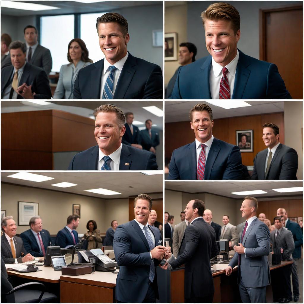  A lively and bustling office setting at the New York County District Attorney's office. At the center is a TV screen displaying a baseball game with Donald Mitchell rounding the bases after hitting a solo home run. Jonathan Papelbon is visibly glaring at Donald on the screen. The office is filled with applause and cheers. Erin Reagan is hugging Helen Mitchell who looks overjoyed and teary-eyed. Danny Reagan, Jamie Reagan, Nicky Reagan, Frank Reagan, Garrett Moore, Henry Reagan, Jackie Curatola, and Detective Abetemarco are all present, smiling and celebrating. The atmosphere is warm, supportive, and filled with camaraderie and excitement. hyperrealistic, full body, detailed clothing, highly detailed, cinematic lighting, stunningly beautiful, intricate, sharp focus, f/1. 8, 85mm, (centered image composition), (professionally color graded), ((bright soft diffused light)), volumetric fog, trending on instagram, trending on tumblr, HDR 4K, 8K