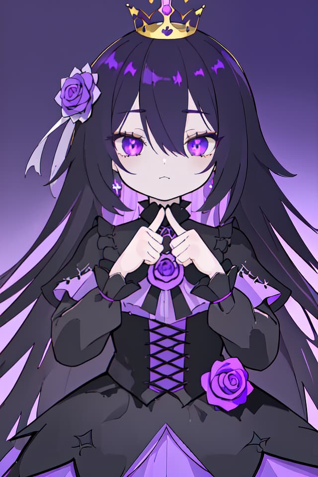  high quality,detailed,ultra detailed,hyper detailed,insanely detailed,highres,absurdres,a ,queen,icon,sleepy,making a thumbs up,looking at viewer,long hair,hime cut,black hair,colored inner hair,purple hair,purple eyes,jitome,fair skin,,short,slim,gothic ta,crown,gradient purple background,gothic atmosphere,upper body,from front,purple rose