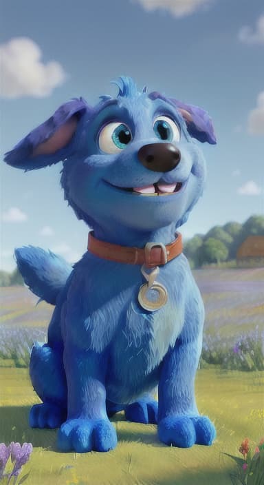  {A happy, big blue dog wagging its tail in a colorful meadow, The big blue dog is large with sky blue fur, big round eyes, a black nose, and floppy ears.