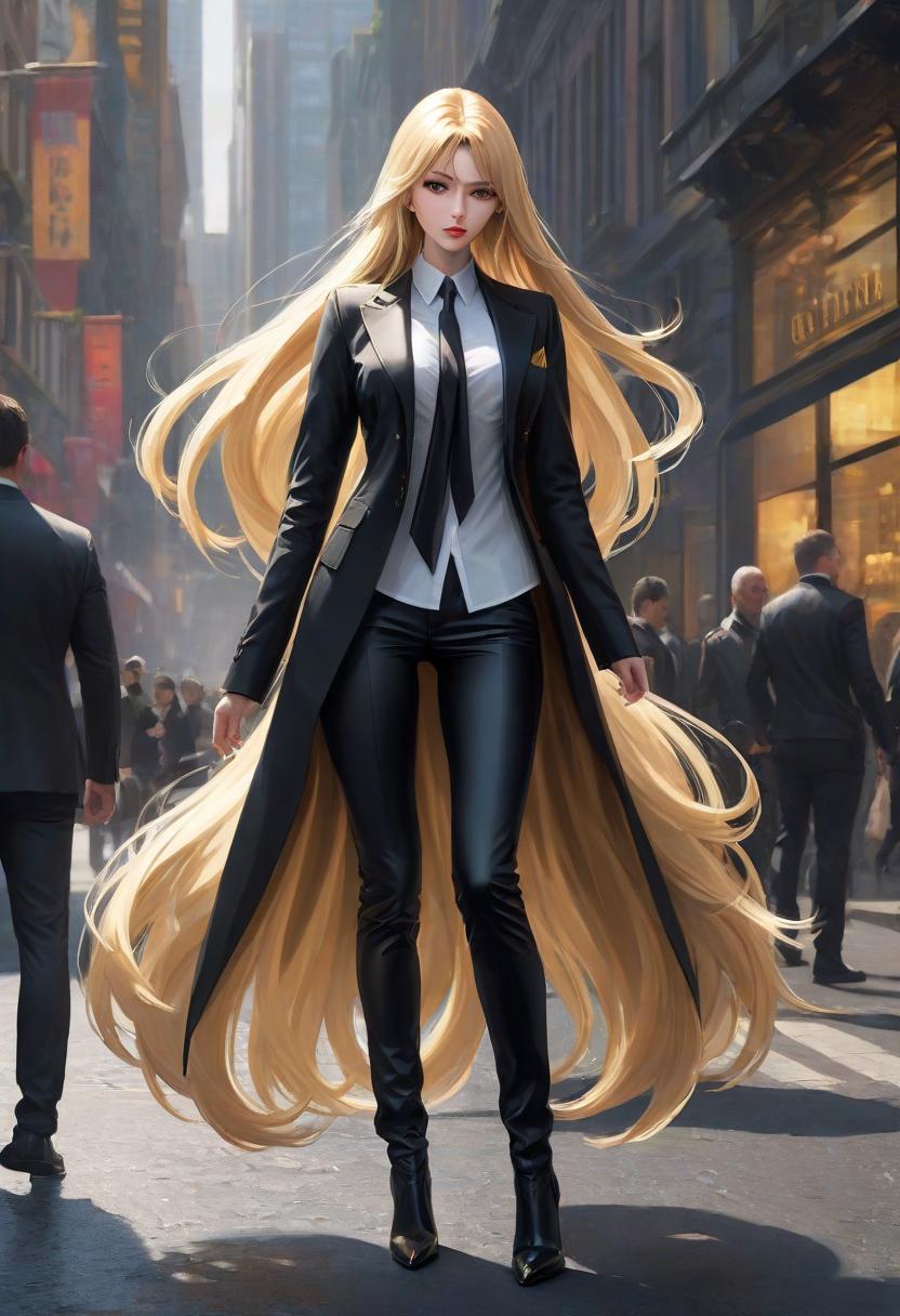  concept art A young , long golden hair, medium , long legs. Black jacket, black pants, white shirt, black shoes. . digital artwork, ilrative, painterly, matte painting, highly detailed hyperrealistic, full body, detailed clothing, highly detailed, cinematic lighting, stunningly beautiful, intricate, sharp focus, f/1. 8, 85mm, (centered image composition), (professionally color graded), ((bright soft diffused light)), volumetric fog, trending on instagram, trending on tumblr, HDR 4K, 8K