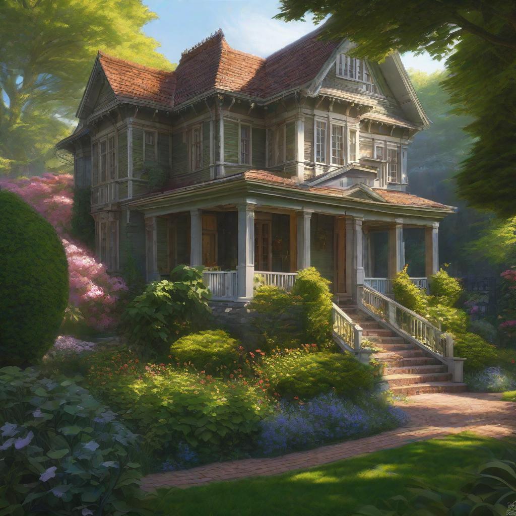  house with garden, realistic, portrait, art by donato giancola and greg rutkowski, realistic face, digital art, trending on artstation hyperrealistic, full body, detailed clothing, highly detailed, cinematic lighting, stunningly beautiful, intricate, sharp focus, f/1. 8, 85mm, (centered image composition), (professionally color graded), ((bright soft diffused light)), volumetric fog, trending on instagram, trending on tumblr, HDR 4K, 8K