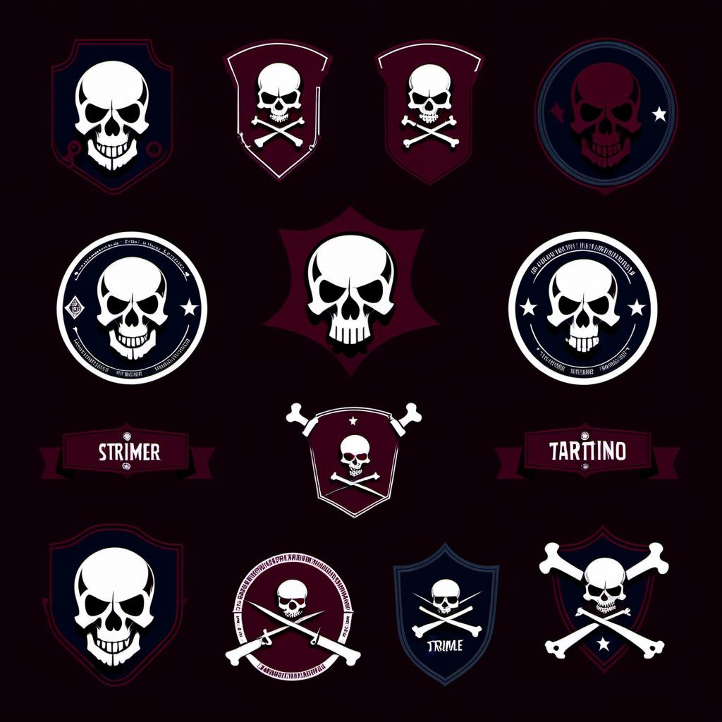  'Icons and badges for Strimer by level, skulls in the style of Tarantino, burgundy and navy colors.'