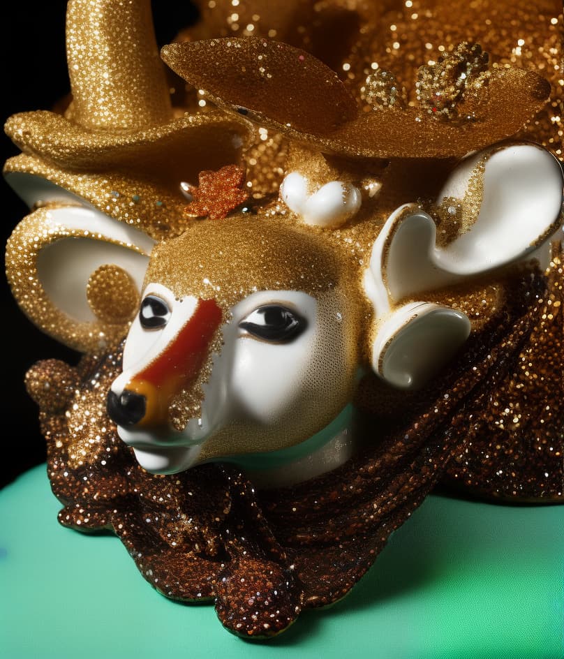  PHOTOGRAPH of a bright, Colorful and Shiny (((Meissen Porcelain deer))) with a (((GLITTERY HAT))), (((curly sculptural Porcelain hair))) looking at the viewer, on a black background, Stunning Masterpiece, Wide angle, 3:2 aspect radio, with perfect expression and facial structure, LARGE EYES, in the style of FRAGONARD, ultra sharp focus, 8k, big dark eyes, closed mouth, (((45 degree light))),  hyperrealistic, full body, detailed clothing, highly detailed, cinematic lighting, stunningly beautiful, intricate, sharp focus, f/1. 8, 85mm, (centered image composition), (professionally color graded), ((bright soft diffused light)), volumetric fog, trending on instagram, trending on tumblr, HDR 4K, 8K