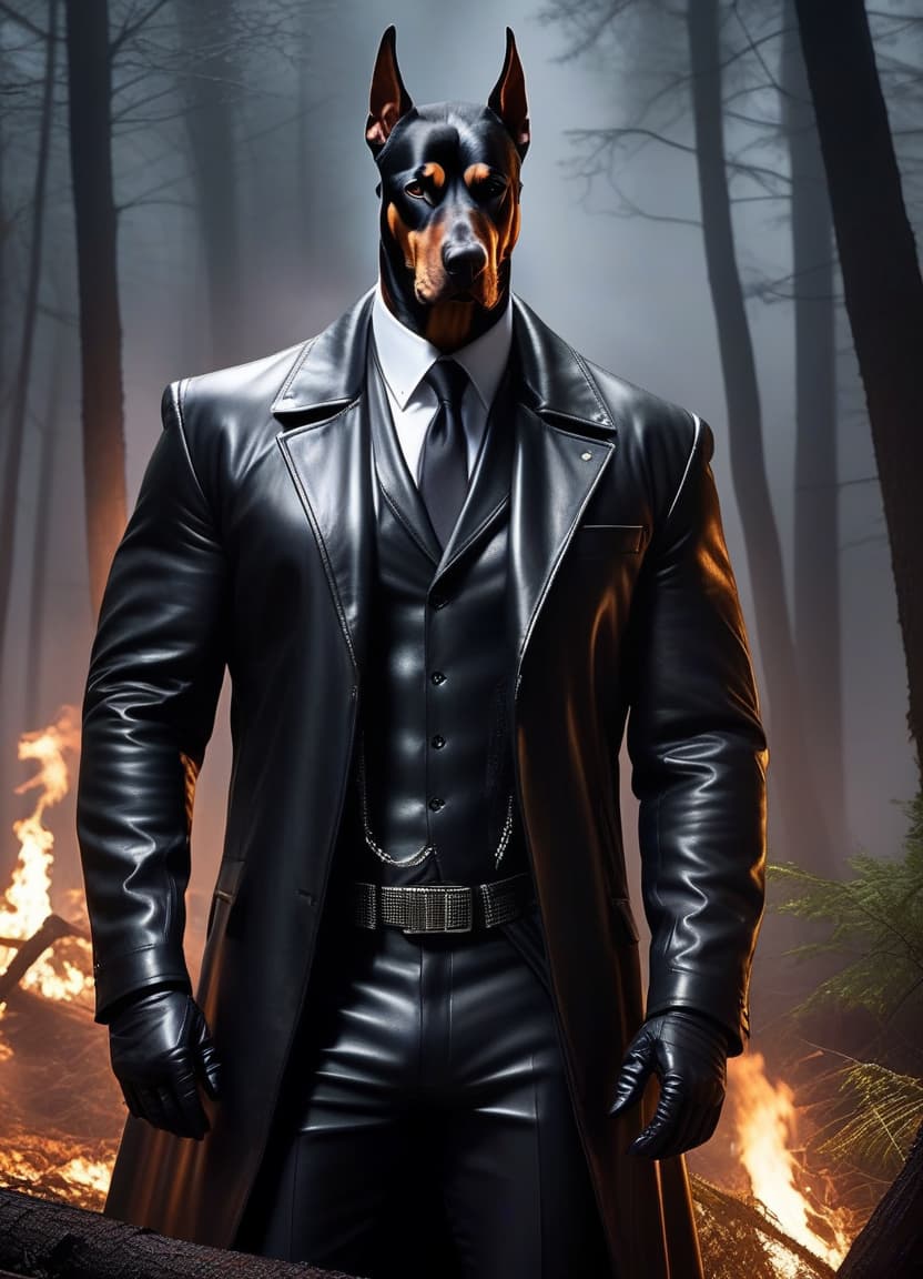  horror themed Smoldering forest Man: terrifying smile, killer, six feet tall, leather coat, business suit, leather gloves, long hair, makeup on face Doberman: sits by its owner . eerie, unsettling, dark, spooky, suspenseful, grim, highly detailed hyperrealistic, full body, detailed clothing, highly detailed, cinematic lighting, stunningly beautiful, intricate, sharp focus, f/1. 8, 85mm, (centered image composition), (professionally color graded), ((bright soft diffused light)), volumetric fog, trending on instagram, trending on tumblr, HDR 4K, 8K