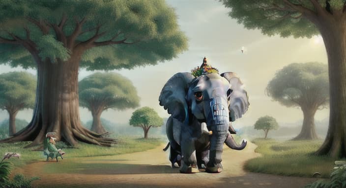  {An elephant standing in a park looking at a giant tree with a fairy on top., The elephant is big and gray with long tusks. The fairy is small with wings and a sparkly dress.