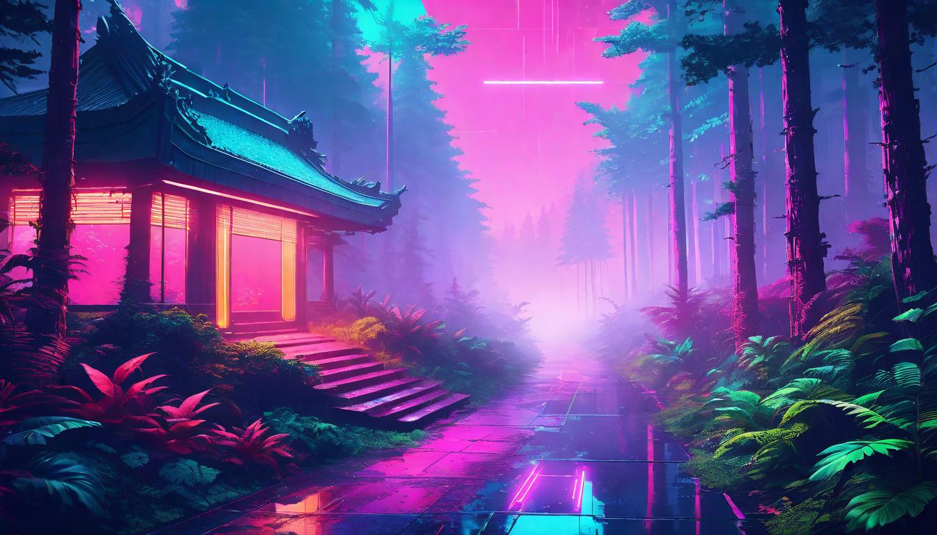  vaporwave,cyberpunk game style A lone path cutting through a dense forest, morning fog gently rolling over. Journey of solitude, path of significance, dawning light, introspection, and spiritual awakeningeon, dystopian, futuristic, digital, vibrant, detailed, high contrast, reminiscent of cyberpunk genre video games,retro aesthetic, cyberpunk, vibrant, neon colors, vintage 80s and 90s style, highly detailed