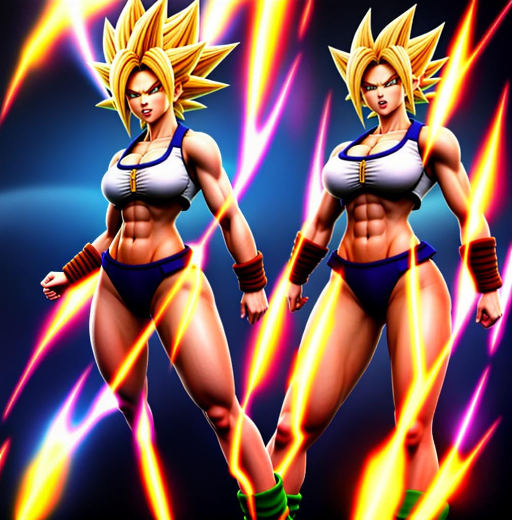  ((foto de cuerpo completo, pie plano, cuerpo recto)), ((laura {Super Super Saiyan mujer con grandes pechos})), ((lleva puesto son goku+Los disfraces de ella son extremadamente ajustados a su cuerpo.))