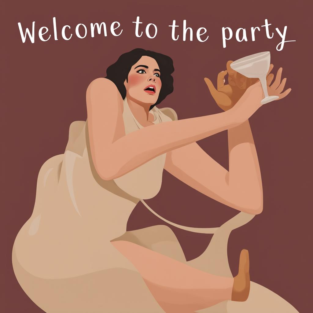  create an image of seated pose, slightly off center, with a focus on facial expression, flat vector design, write welcome to the party text.