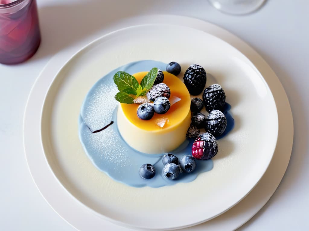  A closeup, ultradetailed image of a beautifully plated vegan mango coconut panna cotta topped with fresh berries, mint leaves, and a drizzle of agave syrup. The dessert is elegantly presented on a sleek, white ceramic plate, set against a soft, blurred background to highlight its vibrant colors and textures. hyperrealistic, full body, detailed clothing, highly detailed, cinematic lighting, stunningly beautiful, intricate, sharp focus, f/1. 8, 85mm, (centered image composition), (professionally color graded), ((bright soft diffused light)), volumetric fog, trending on instagram, trending on tumblr, HDR 4K, 8K