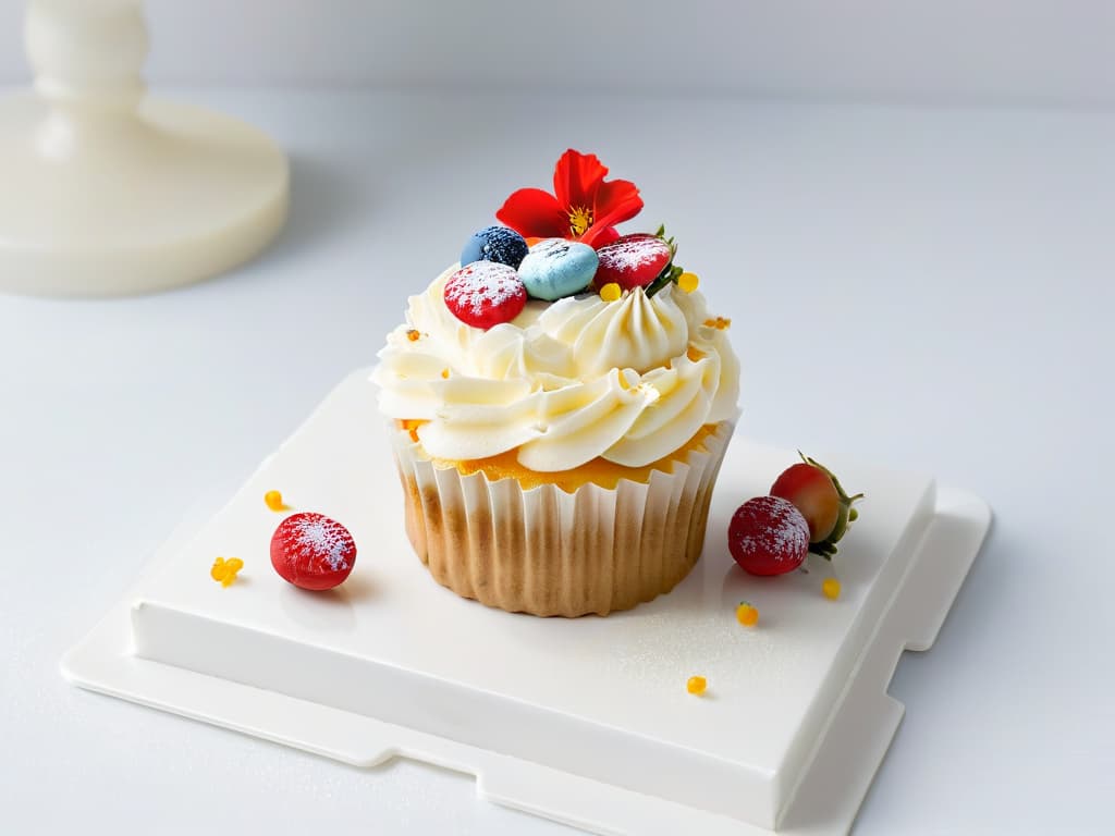  A minimalistic, sleek image of a beautifully decorated cupcake surrounded by pastelcolored macarons, fresh berries, and delicate edible flowers on a pristine white marble countertop, with soft natural lighting highlighting the intricate details of the desserts. hyperrealistic, full body, detailed clothing, highly detailed, cinematic lighting, stunningly beautiful, intricate, sharp focus, f/1. 8, 85mm, (centered image composition), (professionally color graded), ((bright soft diffused light)), volumetric fog, trending on instagram, trending on tumblr, HDR 4K, 8K