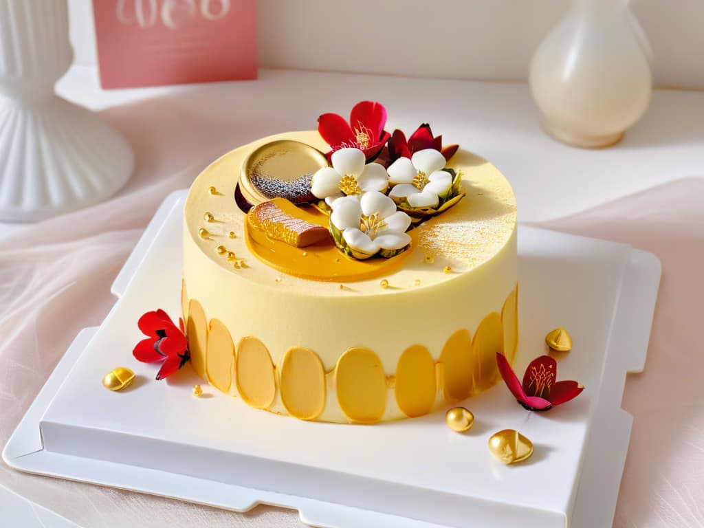  A photorealistic image of a beautifully crafted dessert that combines elements of Japanese and French pastry techniques, showcasing delicate layers of matchainfused sponge cake, adorned with elegant swirls of yuzuinfused cream and topped with edible gold leaf flakes. The dessert is presented on a minimalist, modern plate, set against a backdrop of traditional Japanese cherry blossoms and Parisian macarons, creating a harmonious blend of flavors and cultures in a visually stunning composition. hyperrealistic, full body, detailed clothing, highly detailed, cinematic lighting, stunningly beautiful, intricate, sharp focus, f/1. 8, 85mm, (centered image composition), (professionally color graded), ((bright soft diffused light)), volumetric fog, trending on instagram, trending on tumblr, HDR 4K, 8K