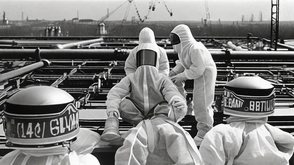  The image shows three individuals dressed in vintage hazmat suits, equipped with large, dome like helmets. They are on a rooftop covered with various industrial elements including pipes and round, metal structures that resemble skylights or vents. The setting gives an industrial vibe, especially with visible smokestacks in the background emitting smoke, suggesting the proximity of a factory or plant. The hazmat suits are elaborate, with textured fabric exteriors, clear face shields, and integrated hoses or cables, possibly for breathing or communication. The suits also have patches and labels, though the details are not clear enough to read. Each person appears to be either inspecting the area or performing some type of maintenance work. 