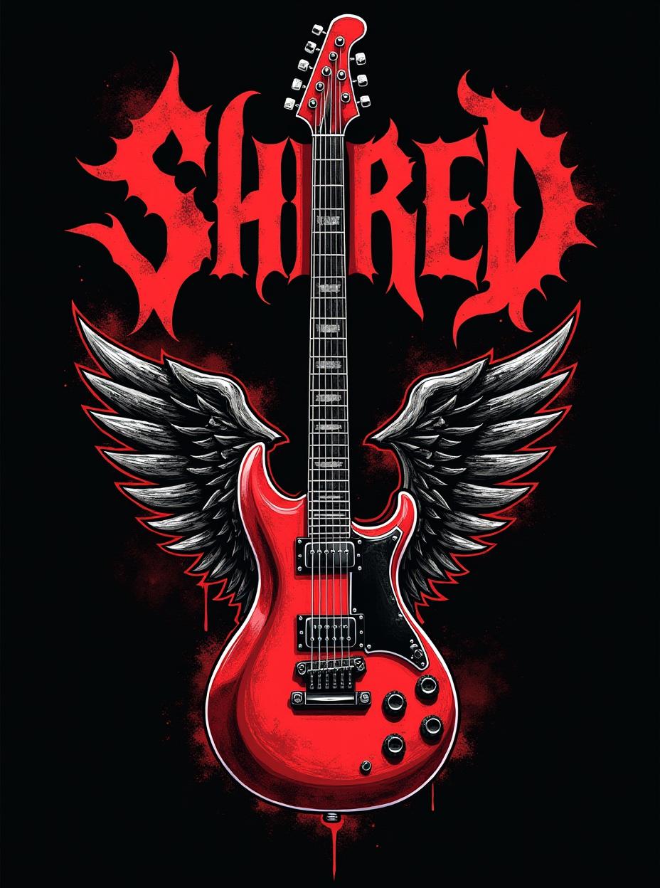  good quality, high quality, thrash metal shirt design. there are designs related to twitch streaming, metal music, the guitar is a gibson explorer. the letters "shred on top of the design