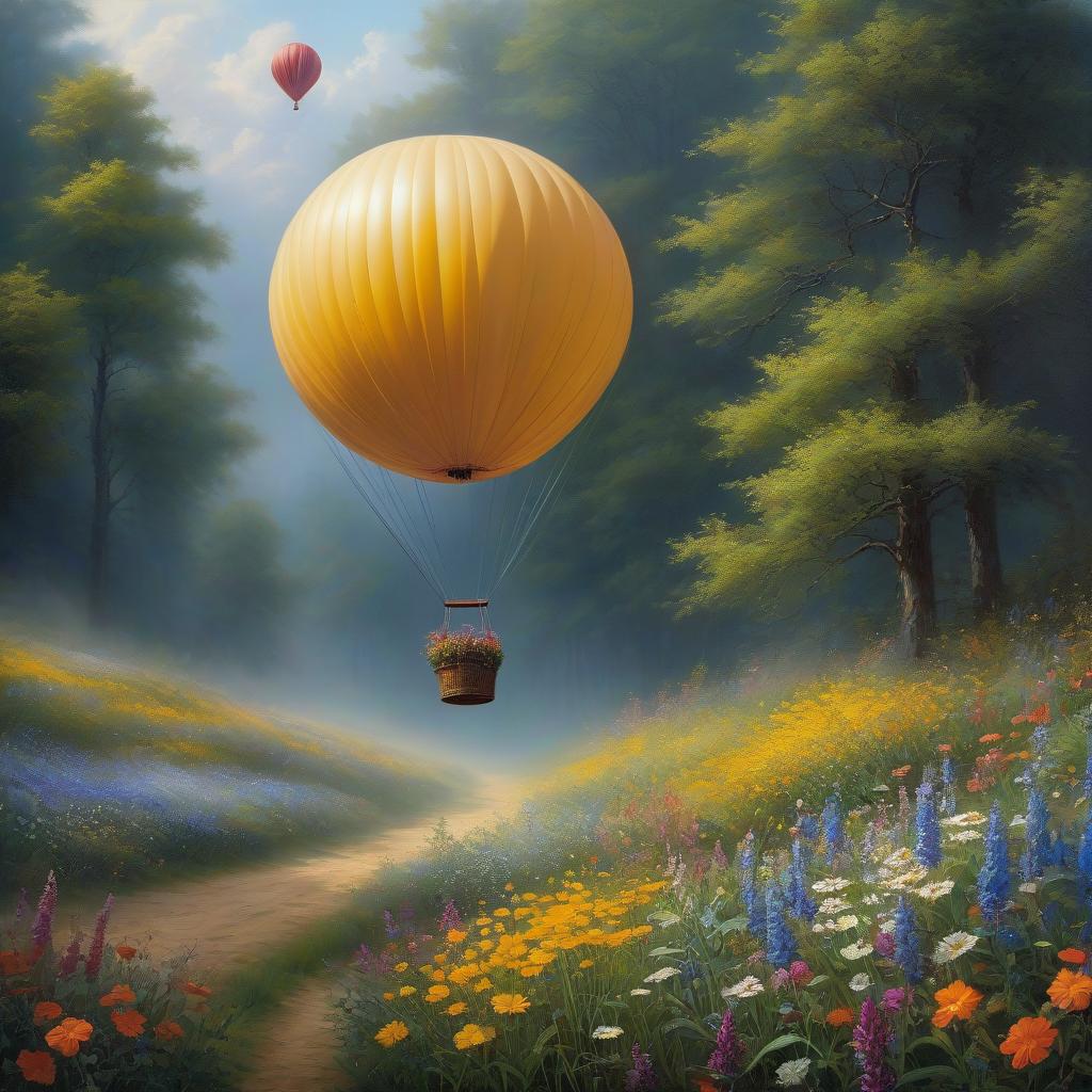  Flying balloon filled with wildflowers, fantasy, beautiful, realistic, intricate details, oil painting, deep shadow hyperrealistic, full body, detailed clothing, highly detailed, cinematic lighting, stunningly beautiful, intricate, sharp focus, f/1. 8, 85mm, (centered image composition), (professionally color graded), ((bright soft diffused light)), volumetric fog, trending on instagram, trending on tumblr, HDR 4K, 8K