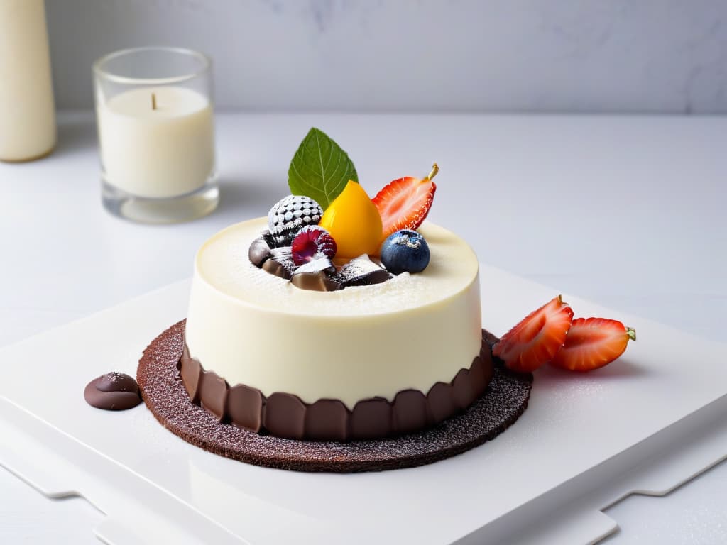  A minimalist image of a sleek, modern kitchen with a marble countertop showcasing a beautifully plated dessert that blends traditional and contemporary flavors. The dessert features a delicate balance of classic ingredients like vanilla and chocolate with a modern twist, presented elegantly on a white, ceramic plate. The soft lighting in the kitchen highlights the intricate details of the dessert, creating a visually appealing and sophisticated image that embodies the fusion of classic and modern flavors in pastry. hyperrealistic, full body, detailed clothing, highly detailed, cinematic lighting, stunningly beautiful, intricate, sharp focus, f/1. 8, 85mm, (centered image composition), (professionally color graded), ((bright soft diffused light)), volumetric fog, trending on instagram, trending on tumblr, HDR 4K, 8K