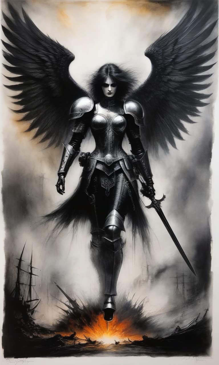  Aquatint print style, by Stephen Gammell, dystopian battle angel, armed with flaming sword, looking at viewer, big black wings, gothic plate armor. wide range of tones, layering and merging colors, bold brush strokes, unique textures, transparent and semi transparent layers to add depth and create a sense of translucency, extremely best quality, awarded masterpiece hyperrealistic, full body, detailed clothing, highly detailed, cinematic lighting, stunningly beautiful, intricate, sharp focus, f/1. 8, 85mm, (centered image composition), (professionally color graded), ((bright soft diffused light)), volumetric fog, trending on instagram, trending on tumblr, HDR 4K, 8K