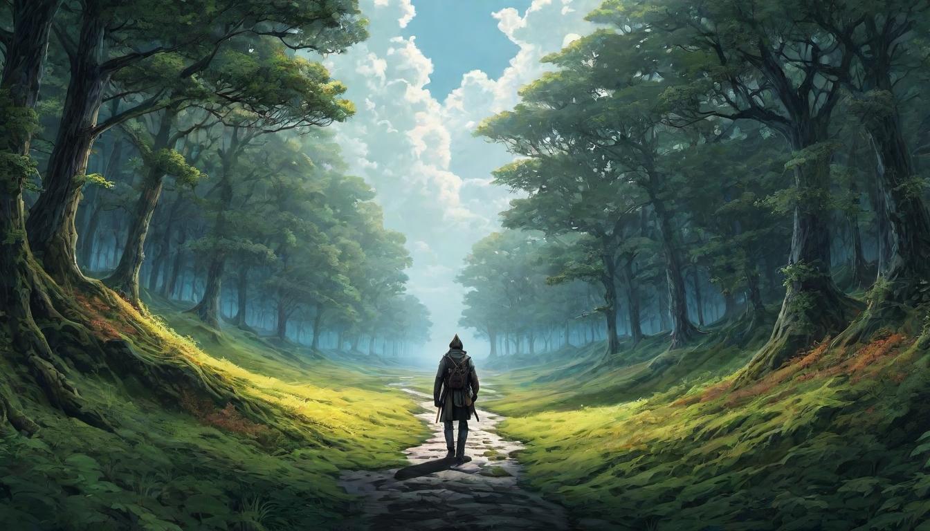  digital illustration A figure standing at a crossroads, one path leading into a dark, tangled forest, the other into a bright, open field, choice, contemplation. looking at viewer, dynamic pose, (intricate details, masterpiece, best quality)