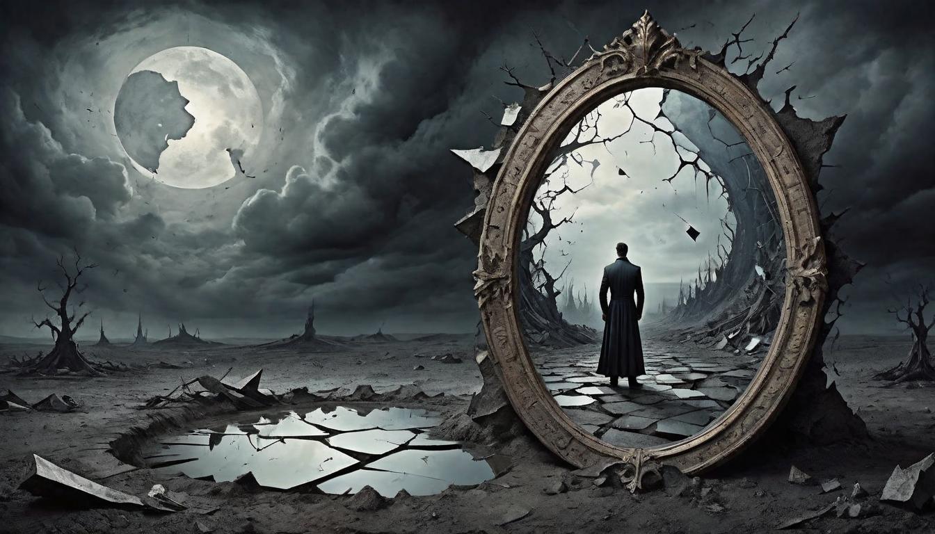  on parchment, surrealism+++, A broken mirror lying on the dark soil, reflecting a fragmented sky and a distorted, shadowy figure looming over it. Reflection of turmoil, shards of chaos, enigma in darkness, cracked beauty within turmoil(mysterious, provocative, symbolic,muted color)+++