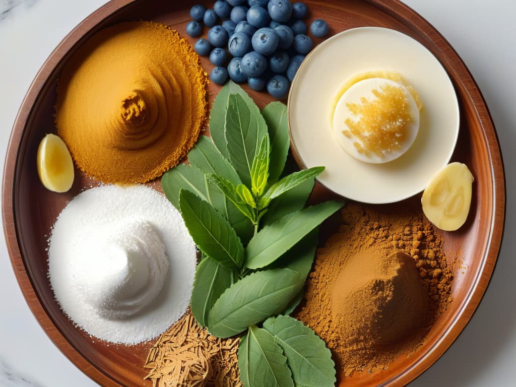  A closeup, ultradetailed image of a perfectly arranged assortment of natural sweeteners commonly used in lowcalorie baking, including stevia leaves, monk fruit extract, erythritol crystals, and coconut sugar. The image showcases the intricate textures and colors of each sweetener, arranged in a harmonious and visually appealing composition against a clean, white backdrop, emphasizing the purity and natural origins of these ingredients. hyperrealistic, full body, detailed clothing, highly detailed, cinematic lighting, stunningly beautiful, intricate, sharp focus, f/1. 8, 85mm, (centered image composition), (professionally color graded), ((bright soft diffused light)), volumetric fog, trending on instagram, trending on tumblr, HDR 4K, 8K