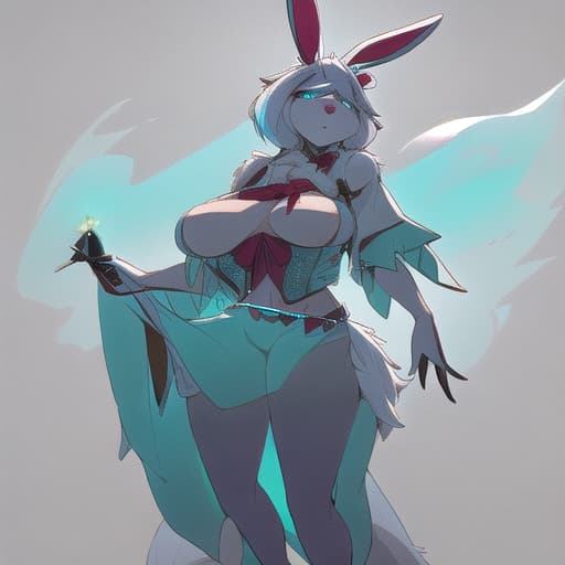  anthropomorphic rabbit with cyan fur, with large breast and big rear the top part of her ears is red. half breasted dress, crop shirt hyperrealistic, full body, detailed clothing, highly detailed, cinematic lighting, stunningly beautiful, intricate, sharp focus, f/1. 8, 85mm, (centered image composition), (professionally color graded), ((bright soft diffused light)), volumetric fog, trending on instagram, trending on tumblr, HDR 4K, 8K