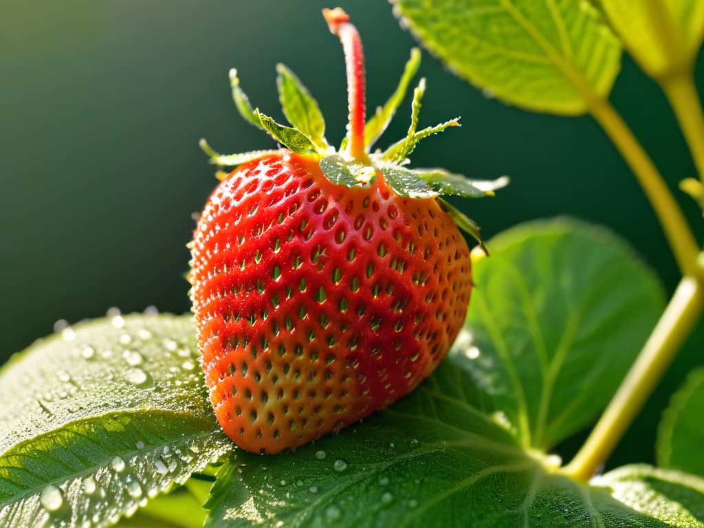  A closeup, ultradetailed image of a vibrant red strawberry freshly plucked from a lush green garden, with tiny water droplets glistening on its surface under the golden sunlight. The strawberry is perfectly ripe, showcasing its seeds and texture in exquisite detail, evoking a sense of freshness and natural beauty. hyperrealistic, full body, detailed clothing, highly detailed, cinematic lighting, stunningly beautiful, intricate, sharp focus, f/1. 8, 85mm, (centered image composition), (professionally color graded), ((bright soft diffused light)), volumetric fog, trending on instagram, trending on tumblr, HDR 4K, 8K