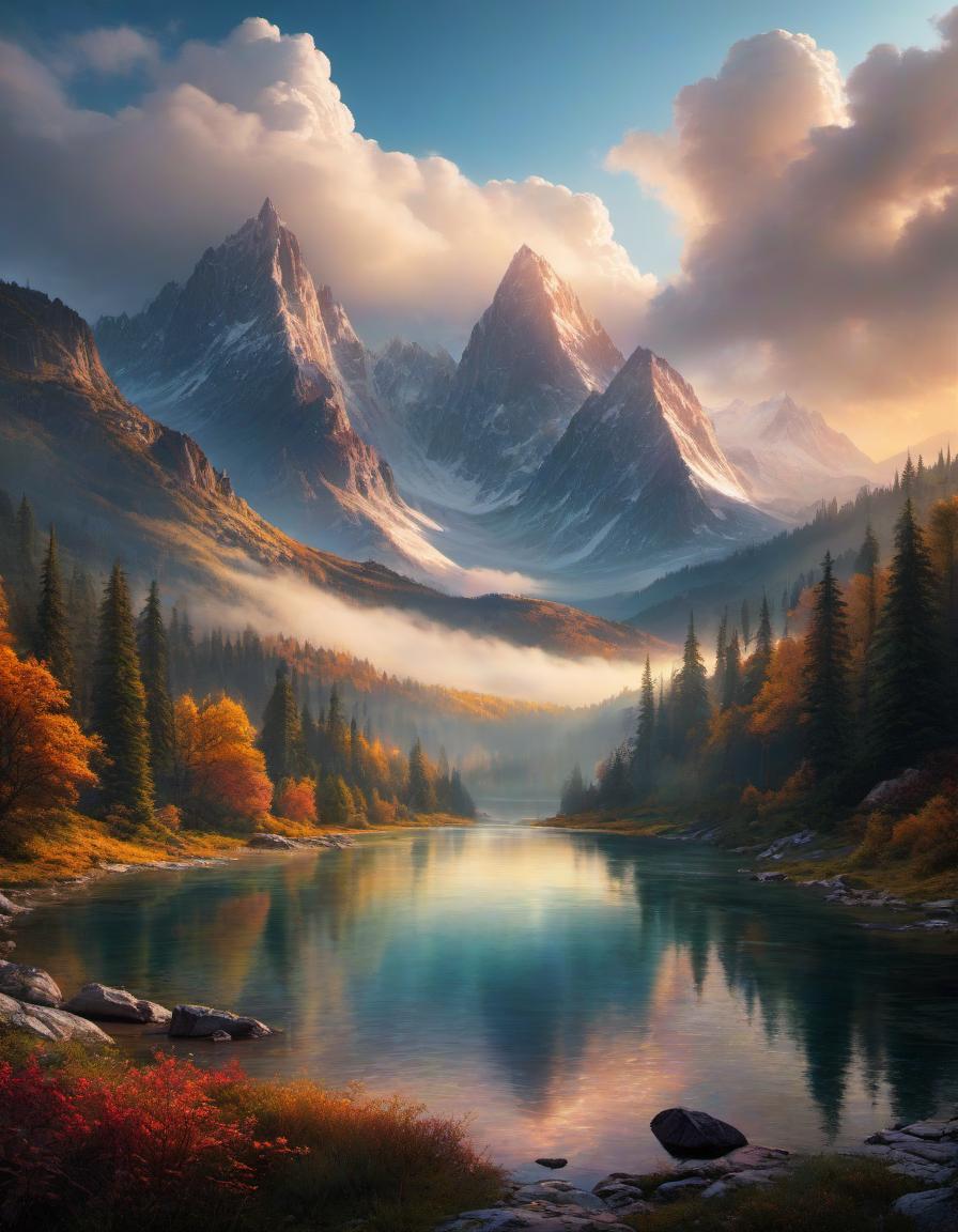  abstract style digital painting of a beautiful mountain landscape, lake, forest, sunset, cloudy . non representational, colors and shapes, expression of feelings, imaginative, highly detailed hyperrealistic, full body, detailed clothing, highly detailed, cinematic lighting, stunningly beautiful, intricate, sharp focus, f/1. 8, 85mm, (centered image composition), (professionally color graded), ((bright soft diffused light)), volumetric fog, trending on instagram, trending on tumblr, HDR 4K, 8K