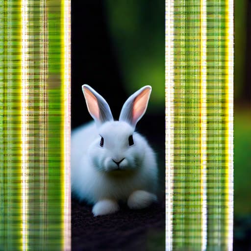  close up photo of a rabbit, forest in spring, haze, halation, bloom, dramatic atmosphere, centred, rule of thirds, 200mm 1.4f macro shot