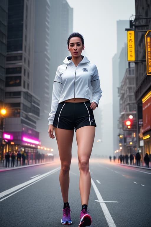  A girl of 160 height and 103 pounds, wearing sports clothes, ran at night in the city, walking lightly and full of vitality hyperrealistic, full body, detailed clothing, highly detailed, cinematic lighting, stunningly beautiful, intricate, sharp focus, f/1. 8, 85mm, (centered image composition), (professionally color graded), ((bright soft diffused light)), volumetric fog, trending on instagram, trending on tumblr, HDR 4K, 8K