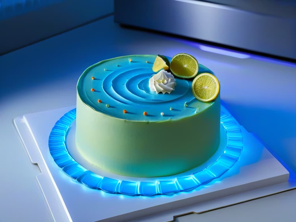  A highly detailed image of a sleek, futuristic kitchen countertop with a holographic display showcasing a virtual 3D model of a beautifully decorated cake. The holographic interface features interactive tools and stepbystep instructions for creating intricate pastry designs, surrounded by a soft ambient glow that highlights the cuttingedge technology. The countertop is spotless, emphasizing a sense of precision and innovation in the realm of augmented reality for pastry making. hyperrealistic, full body, detailed clothing, highly detailed, cinematic lighting, stunningly beautiful, intricate, sharp focus, f/1. 8, 85mm, (centered image composition), (professionally color graded), ((bright soft diffused light)), volumetric fog, trending on instagram, trending on tumblr, HDR 4K, 8K