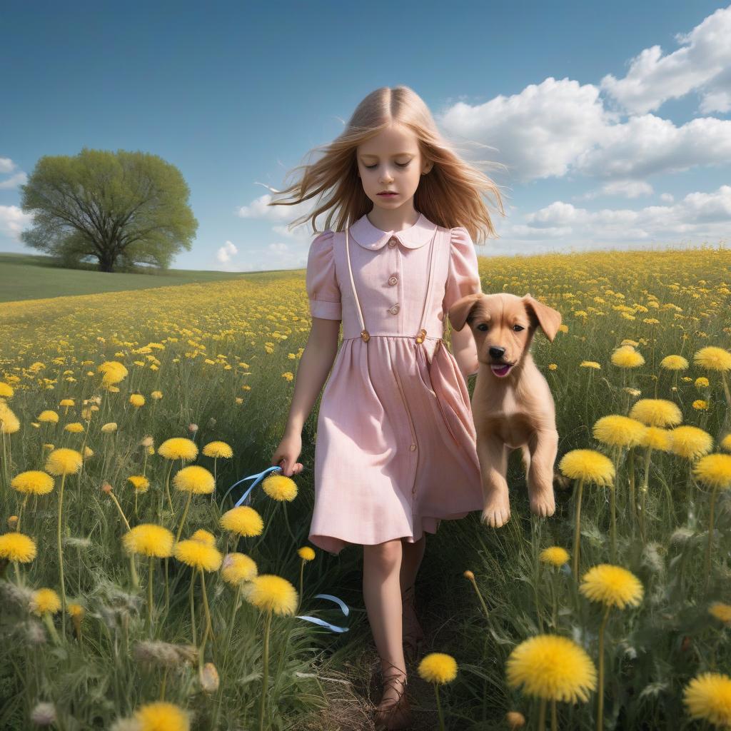  A girl in a long pink flannel dress walks through a field of dandelions with a little red puppy on a leash. The image is life sized, her face tired and sleepy. A strong wind, white clouds in a blue sky, perspective from below. hyperrealistic, full body, detailed clothing, highly detailed, cinematic lighting, stunningly beautiful, intricate, sharp focus, f/1. 8, 85mm, (centered image composition), (professionally color graded), ((bright soft diffused light)), volumetric fog, trending on instagram, trending on tumblr, HDR 4K, 8K