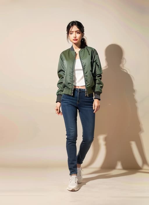  A indian woman wear a bomber jacket,ADVERTISING PHOTO,high quality,masterpiece