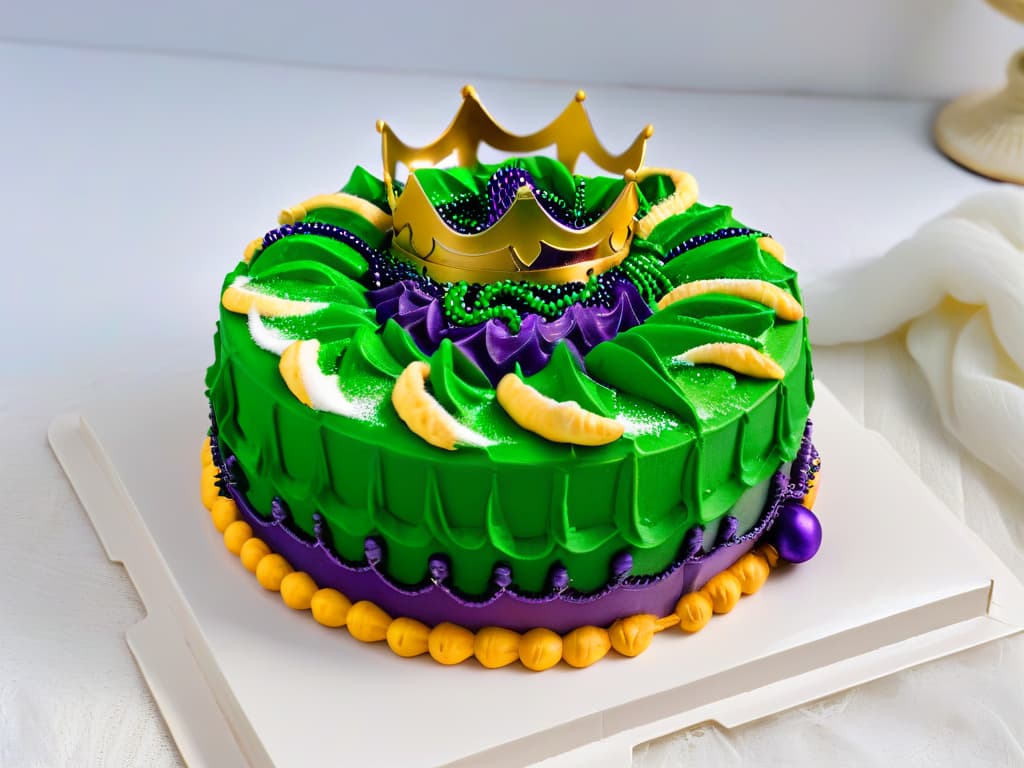  A highresolution, ultradetailed image of a colorful Mardi Gras king cake, featuring intricate icing designs in vibrant purple, green, and gold colors. The cake is adorned with traditional Mardi Gras beads and a small golden crown on top, all set against a clean, white background to emphasize the cake's artistry and festive spirit. hyperrealistic, full body, detailed clothing, highly detailed, cinematic lighting, stunningly beautiful, intricate, sharp focus, f/1. 8, 85mm, (centered image composition), (professionally color graded), ((bright soft diffused light)), volumetric fog, trending on instagram, trending on tumblr, HDR 4K, 8K